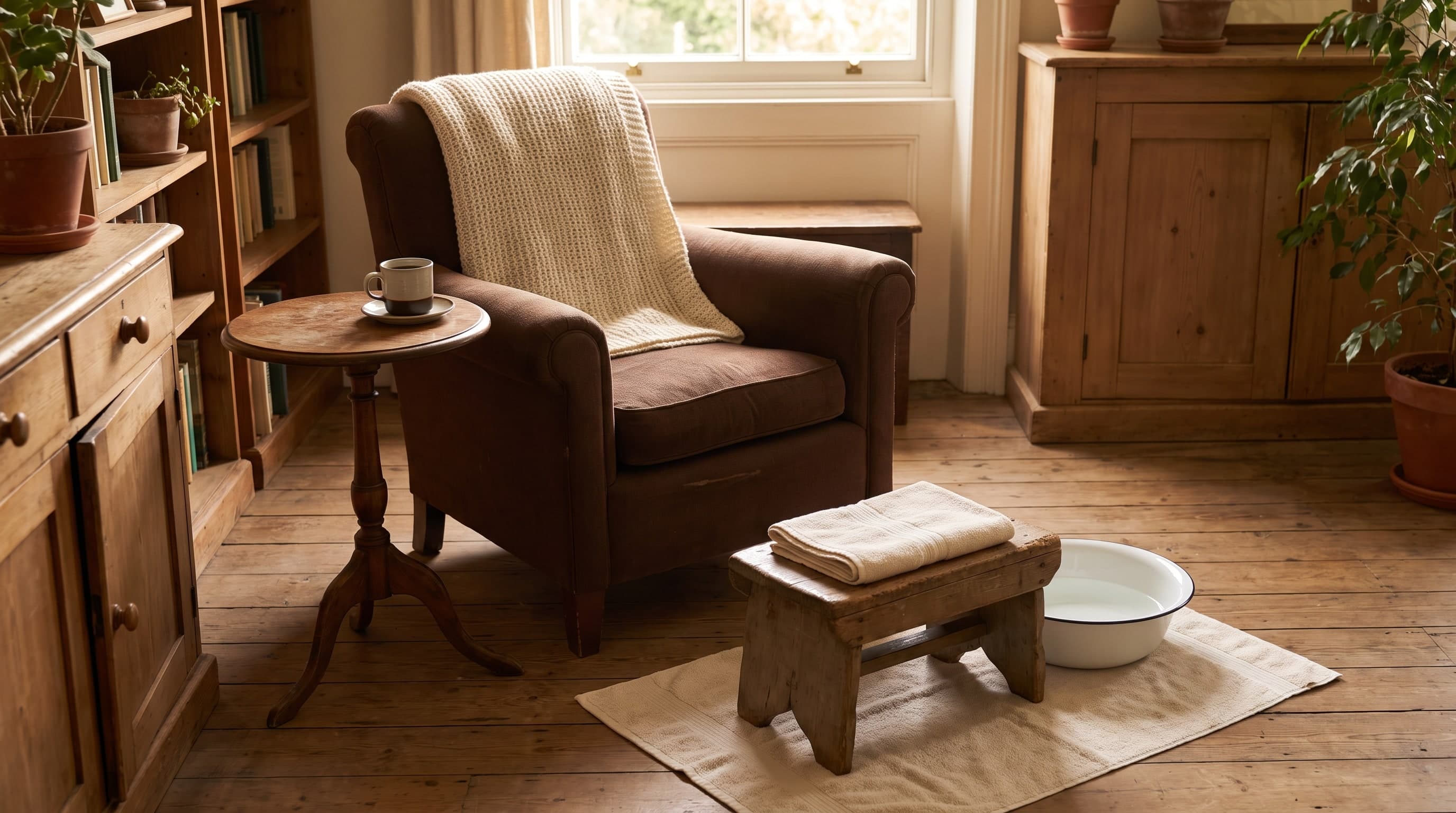 Wohnzimmer mit braunem Sessel und Wolldecke, daneben ein Beistelltisch mit Tasse, ein Holzschemel mit Handtuch und eine Waschschüssel mit Wasser