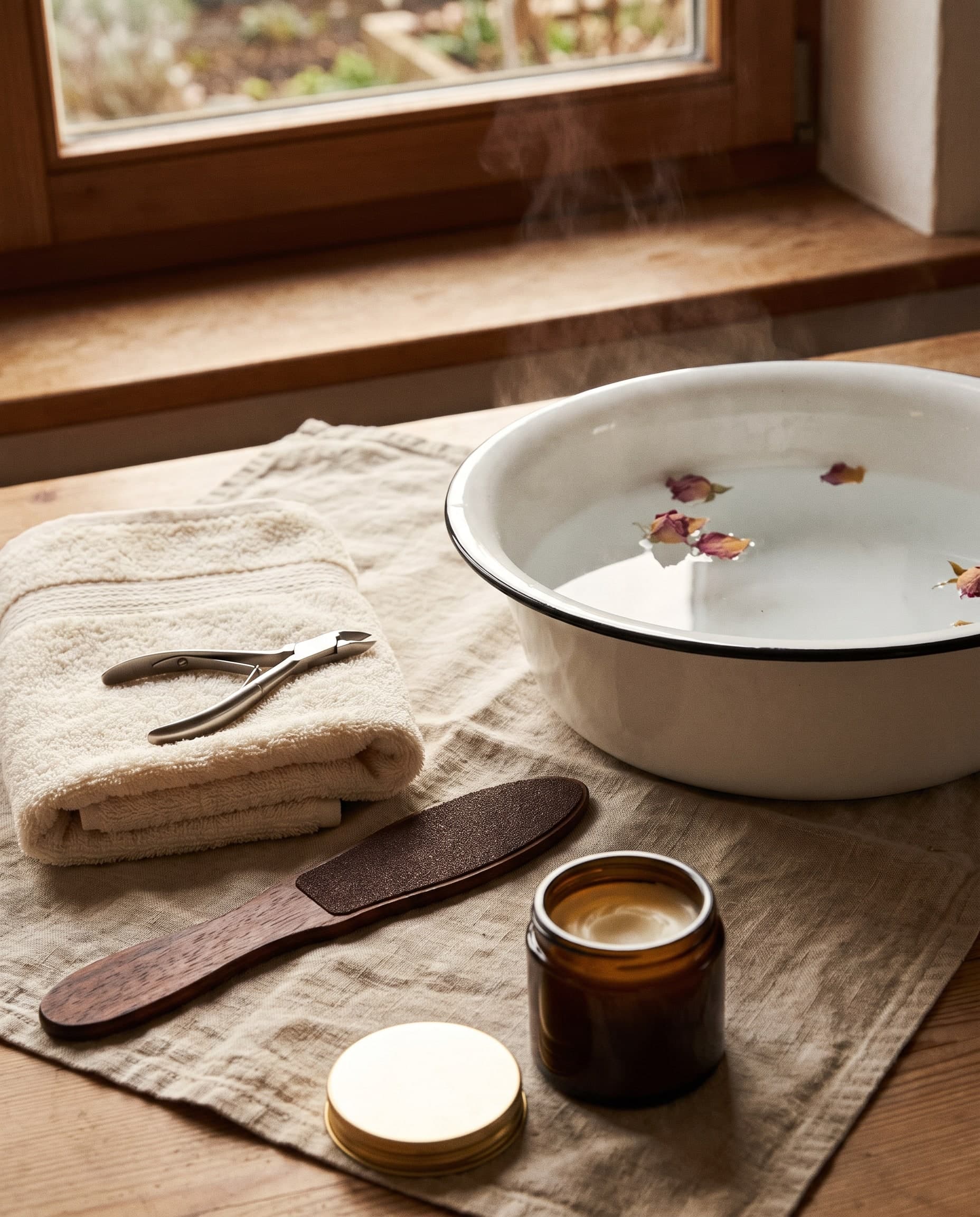 Emailleschüssel mit Wasser und Rosenblüten, ein gefaltetes Handtuch mit Nagelzange, eine Hornhautfeile und ein Tiegel Creme auf einem Leinentuch