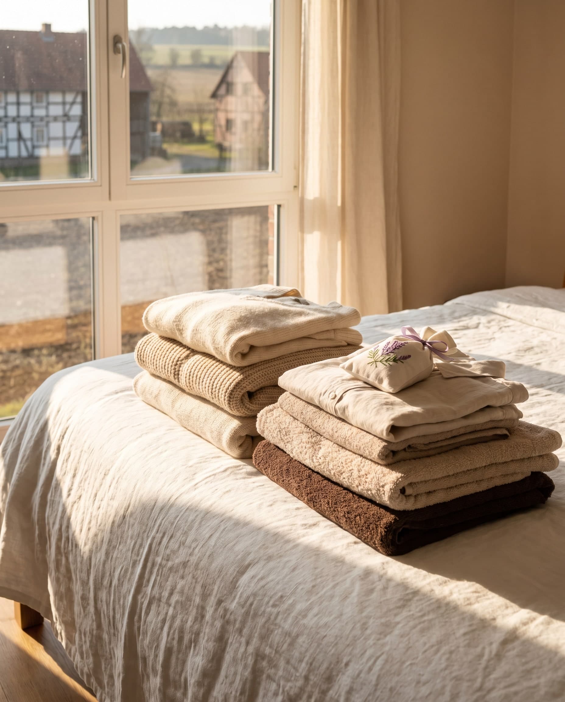 Zwei Stapel gefalteter Pullover, Hemden und Handtücher mit einem Lavendelsäckchen auf einem Bett am Fenster